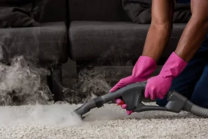 A technician with rubber gloves steam cleaning a rug